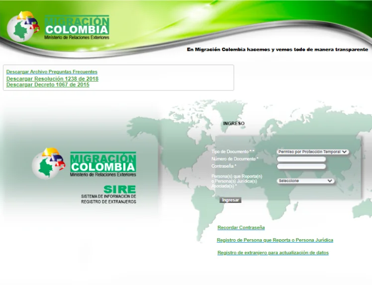 sitio web SIRE Migración Colombia